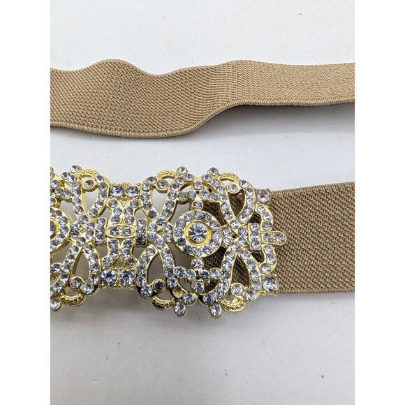 Waist Belt Women's M/L Metal Gold Rhinestone Elastic Snap Closure Tan Y2K glam - Picture 7 of 13